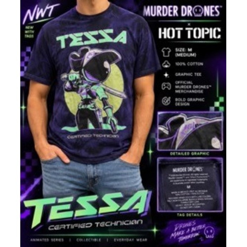 Murder Drones Hot Topic Tessa Certified Technician Graphic Tee Purple Medium NWT